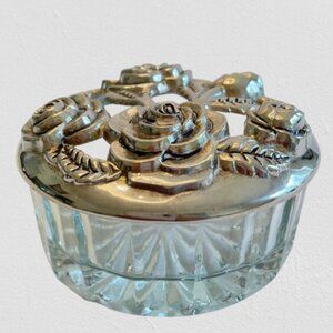 Vintage Godinger Silver Plated Jewelry, Trinket, Powder Jar Rose Pattern Design